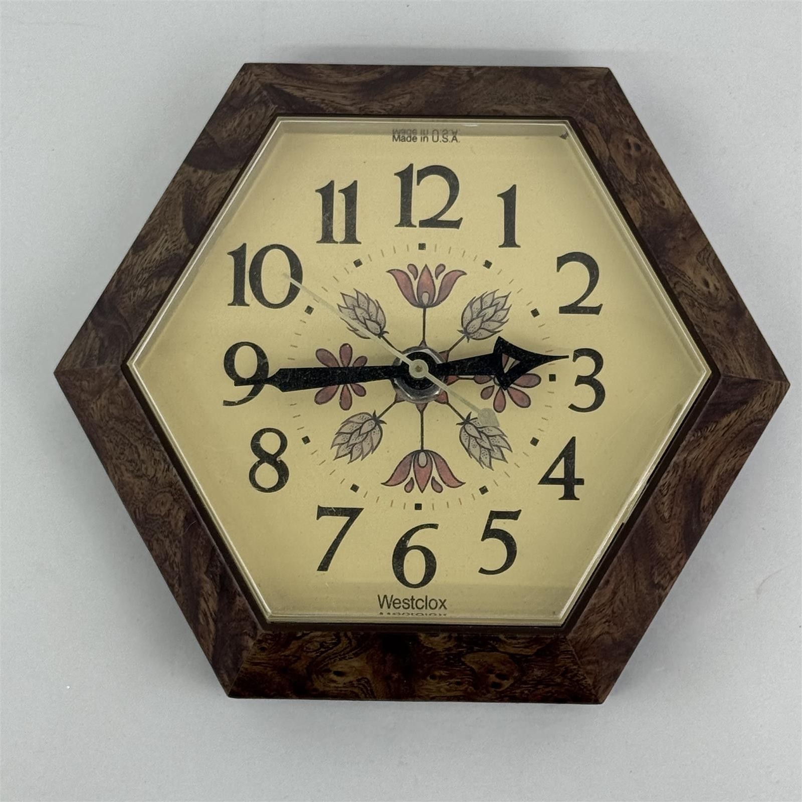 Westclox Hexagon Wall Clock Frolic Woodgrain Model No. 46915