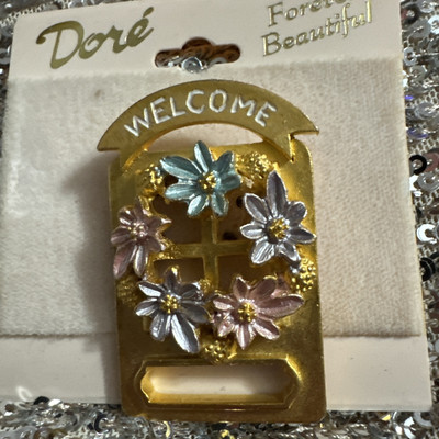 Vintage Dore  Gold Tone Metal Door with Painted Flowers Holds Eyeglasses Slip In