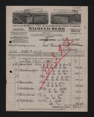 LÜDENSCHEID, Rechnung 1925, Wilhelm Berg Metallwaren-Militäreffekten-Fabrik