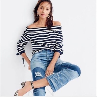 blue and white striped off the shoulder shirt