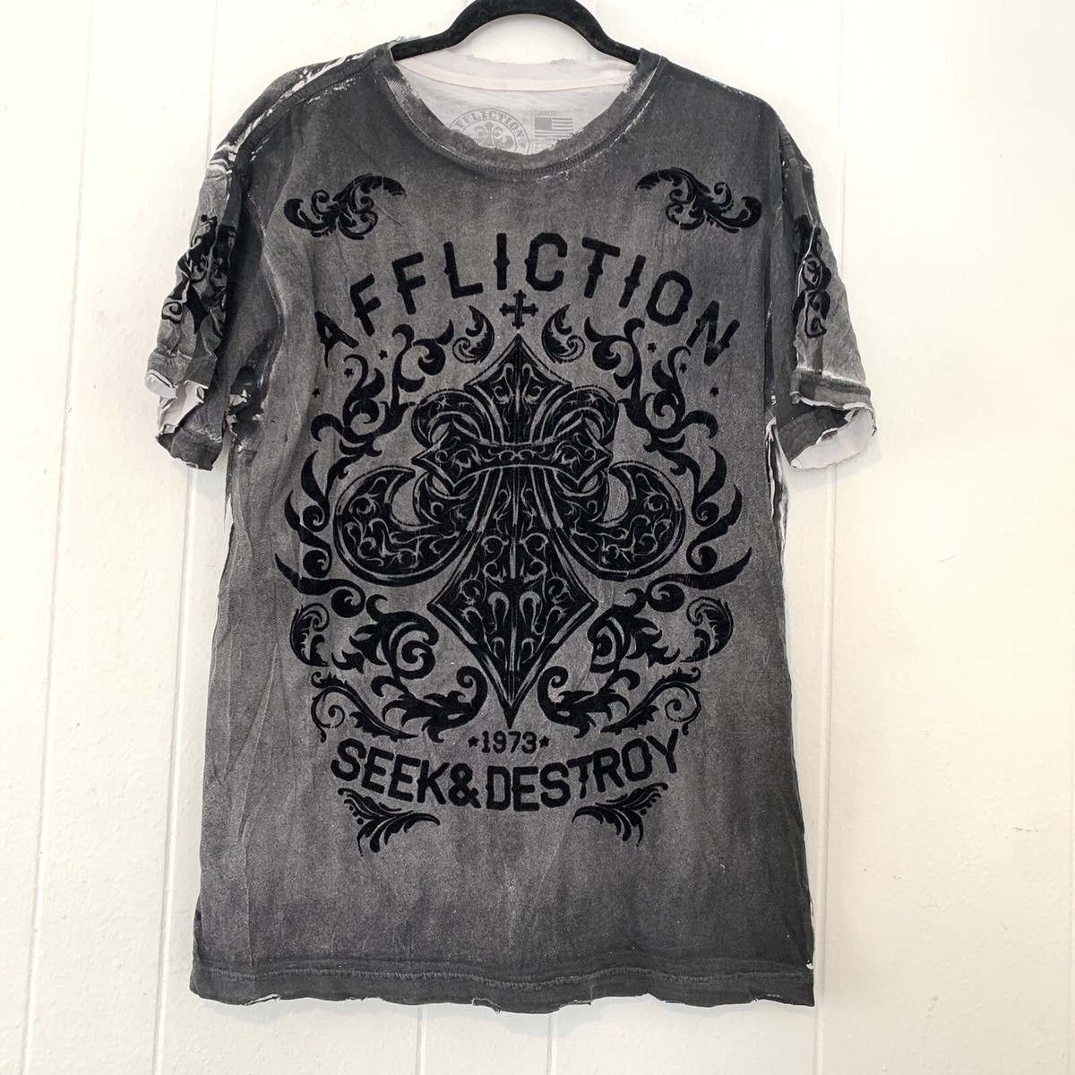 Affliction Mens Large T-Shirt Distressed Grey Black Velvet Affliction Mens Large T-Shirt Distressed Grey Black Velvet