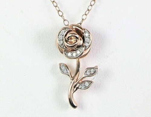 10K Pink Rose Gold Diamond Enchanted Disney Belle Flower Rose Pendant Necklace - Picture 2 of 9