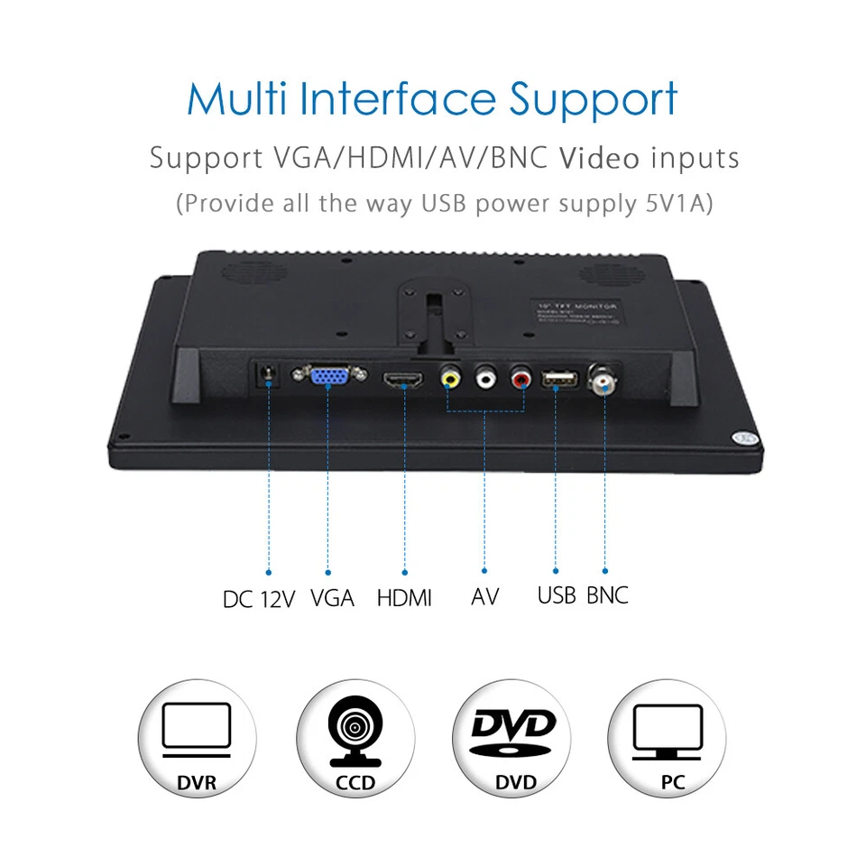 10.1" IPS LCD CCTV Monitor Screen USB/BNC/AV/VGA/HDMI for Car/Security/PC/Laptop - Image 2 of 4