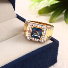 Nat&uuml;rlich Blau Topas Edelstein Mit Vergoldet 925 Sterlingsilber Herren Ring #202