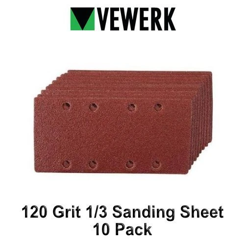 Vewerk 120 Grit Sanding Sheet 1/3 Sander 93mm x 190mm Hook and Loop 10pk 8178