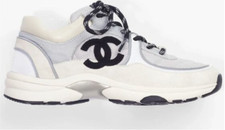Chanel 21B White Grey Black Suede CC Logo Tie Flat Runner Trainer Sneaker 38.5