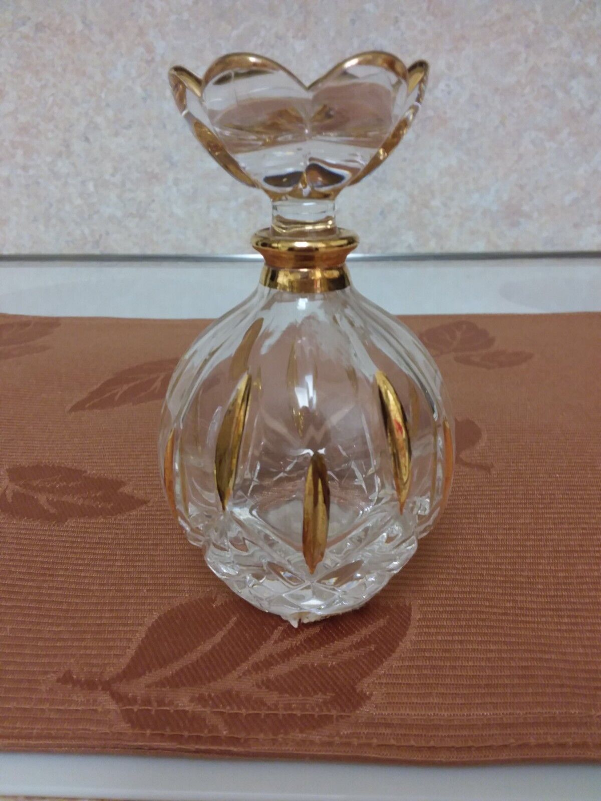Clear Art Glass with Flower Top with Gold Trim Perfume Bottle 5 