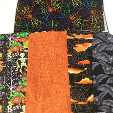 Fabrics Rectangular Cotton Halloween Black Orange Bats Webs 5 Pieces