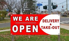 We Are OPEN Delivery  Take-out Vinyl Banner sign Many sizes Available