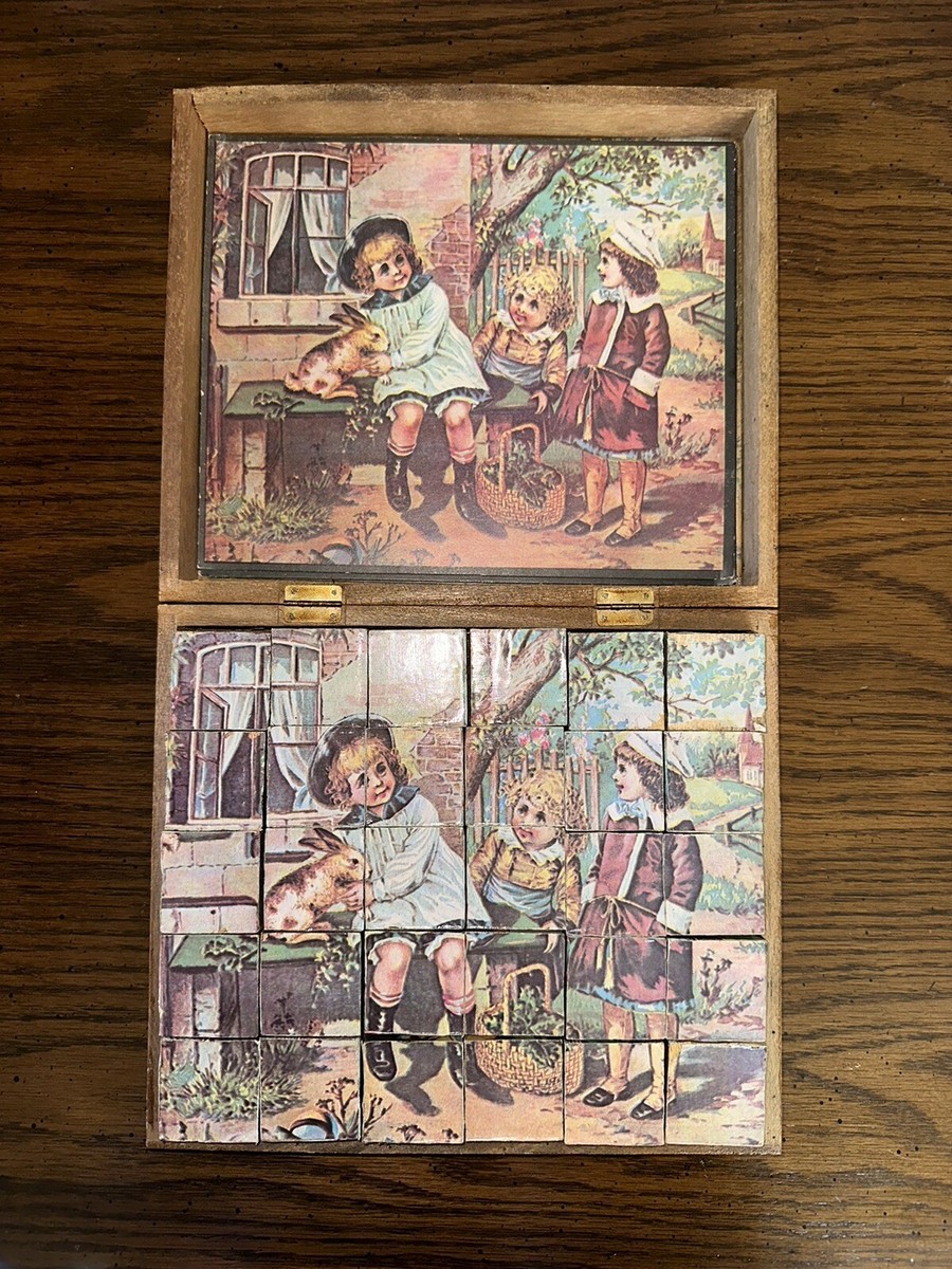 Antique Vintage German Wood Block Puzzle 6 Images w/ Wood Box