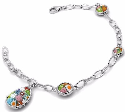 Alan K. Bracelet 925 St/Silver- Millefiori Round & Drop Multicolor Murano Glass 
