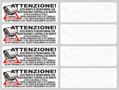 Adesivi per auto Videosorvegliata, avviso videosorveglianza specifico per veicoli, in italiano, mis. 12×6 cm - 4 pz