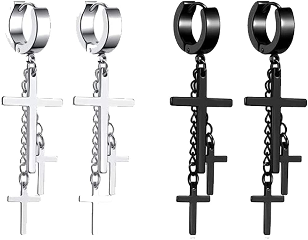 Hanging Cross Earrings for Women Silver Black Religion Hoop Dangling
