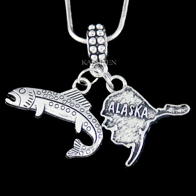 ~Alaska US State Map Fishing Fisherman Dad Retirement Gift Charm Unisex Necklace