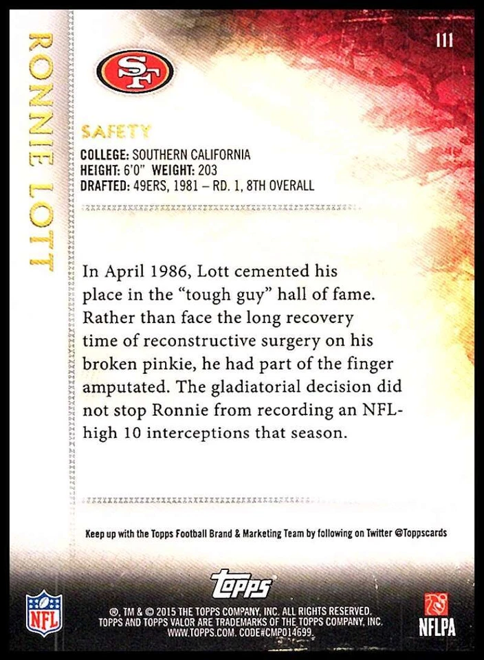 2015 Topps Valor #111 Ronnie Lott San Francisco 49ers Football Card NM-MT 33917 - Image 2 of 2