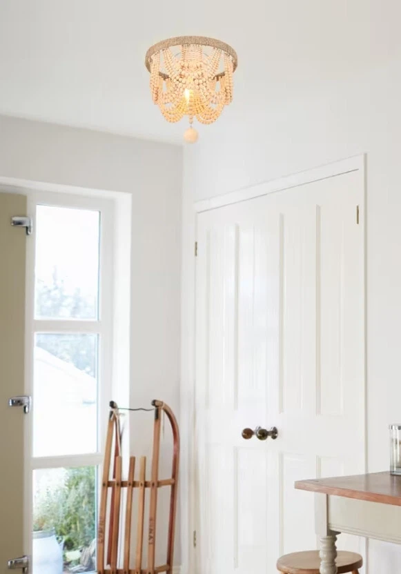 Flush Mount Chandelier Ceiling Light Fixture Shabby Beige Chic Wood Beads Rope - Изображение 2 из 4