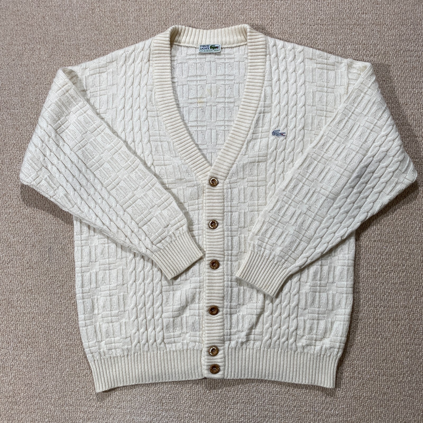 VINTAGE Chemise Lacoste Cardigan Mens Size 6 XL Cream Cable Knit Wool Sweater