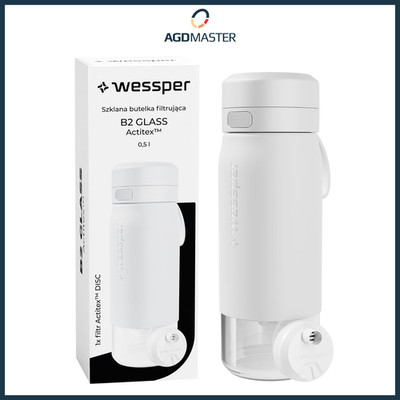 Trinkflasche Wessper 0,5L Glas mit Silikonhülle, Wasserfilter, Verschluss, weiß
