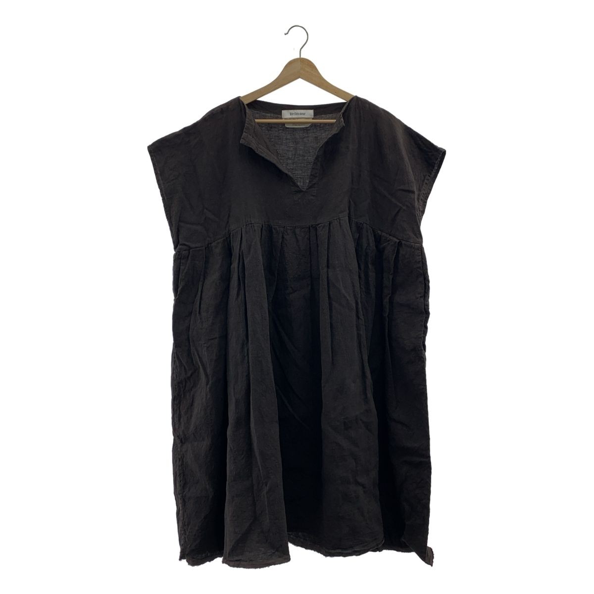 Veritecoeur Dark Brown Linen Key Neck Voluminous Dress with Pockets Size F Used