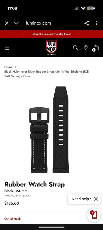 Luminox 1000 ICE-SAR Series Black & Black Rubber Watch Band White Stitching - Image 3 of 3