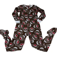 Maxx The Sock Monkey Fleece Footed Pajamas Jumpsuit Women Medium Brown Red White