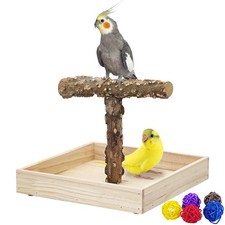 Portable Bird Perch Stand with Potty Tray, Natural Wood Tabletop Training Gym...