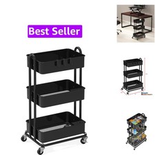 3-Tier Heavy Duty Metal Utility Rolling Cart, Black