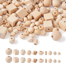 150Pcs Unfinished Geometric Wooden Loose Beads Natural Unpainted round Polygon C