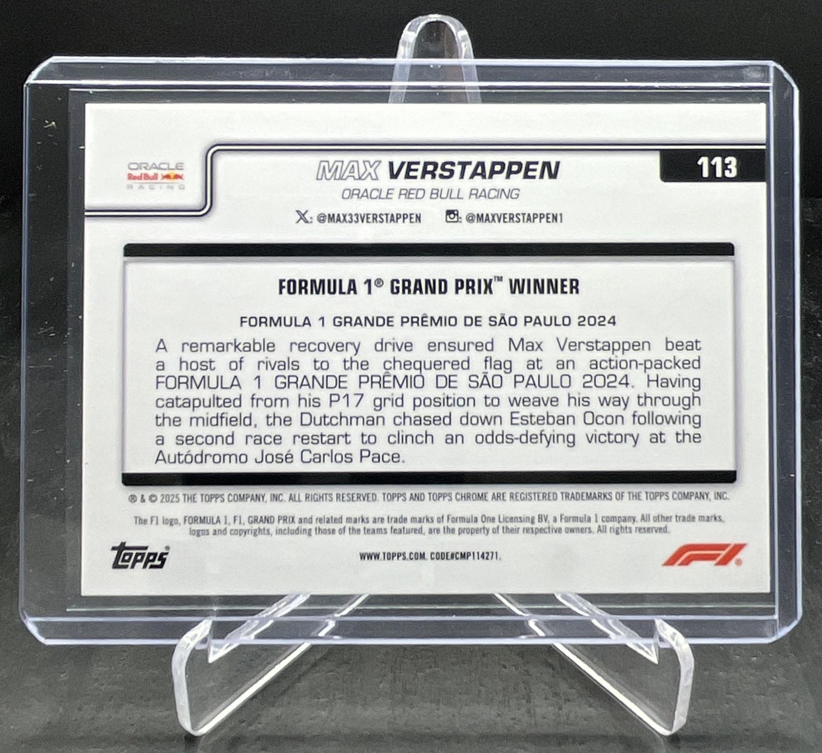 2025 Topps Chrome F1 Max Verstappen Brazil GP Winner Green Checker 38/99 #113 view 2