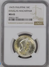 1947 S - Philippines Douglas MacArthur-50 Fifty Centavos-NGC MS 65-Blazing Gem
