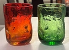 Vintage Blenko Crackle Dimple Glasses Tumblers Red Green Set Of 2 Gorgeous