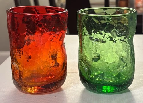 Vintage Blenko Crackle Dimple Glasses Tumblers Red Green Set Of 2 Gorgeous