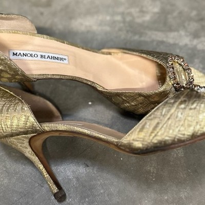 Manolo Blahnik Gold Brocade Sedaraby Crystal D'Orsay Peep Toe