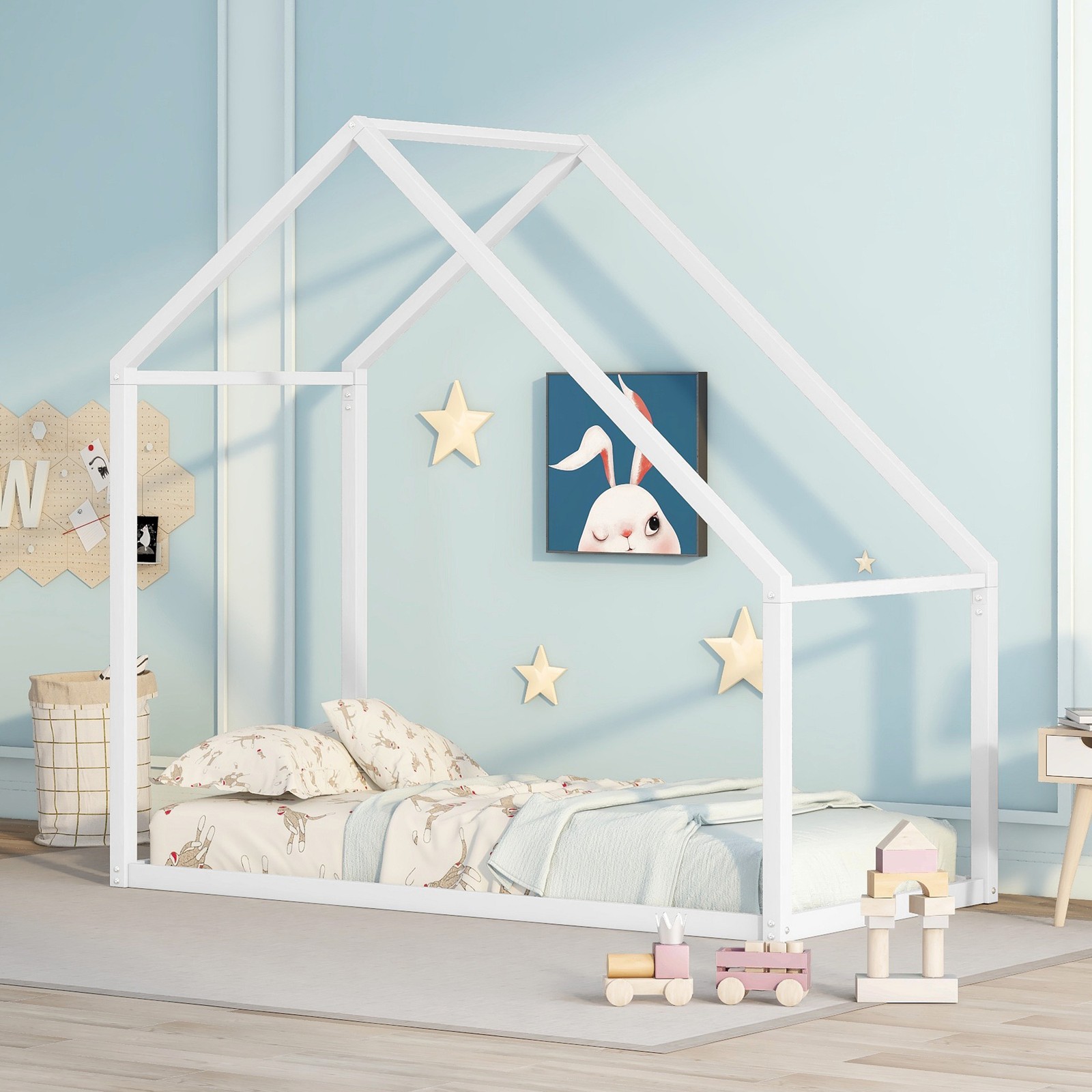Twin Size White Metal House Bed Frame for Kids