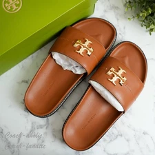 NIB Tory Burch Everly Anatomic Lug Nappa Leather Slide Sandal in Bourbon/Coconut