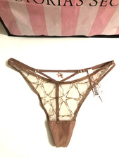 Victoria's Secret Sheer Shine V-string Panty Rose Gold Stars Small NWT