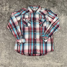 Buckle BKE Western Shirt Mens Large L Slim Fit Blue Red Plaid Pearl Snap Cowboy