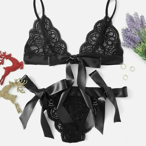 Womens Sexy Lingerie Lace Bra Thong Bowknot Underwear Nightwear Sleepwear Set - Picture 10 of 17