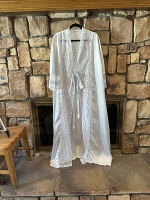 VTG 80s Amaretta Satin Lace Maxi Robe Light Blue Pastel Long Slip Lingerie XL