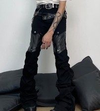 Mens Black Cotton PU Leather Mixed Punk Motorcycle Pants Trousers Hip Hop Casual