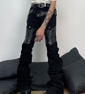 Mens Black Cotton PU Leather Mixed Punk Motorcycle Pants Trousers Hip Hop Casual