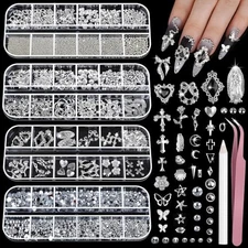  Silver Nail Charms and Gems Kit, 4 Boxes Nail Gems Silver Rhinestones for 
