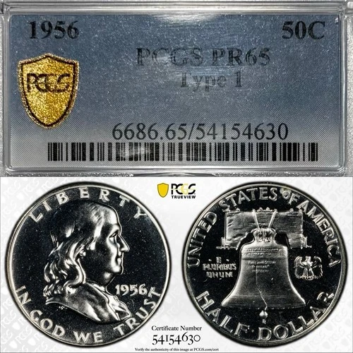 1956 Type 1 Franklin Half Dollar PCGS PR65 Silver Proof Coin 50C Gold Shield