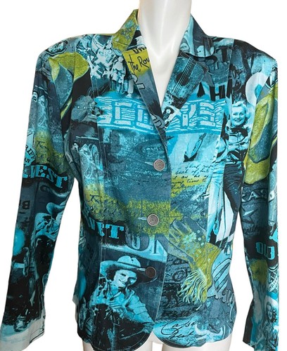 Erin London Stretch Jacket Women's Size Medium Blue Green Western Cowgirl Button - Picture 3 of 11