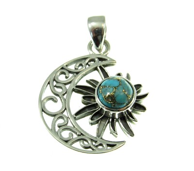Solid 925 Sterling Silver Crescent Moon & Sun Pendant w/ Choice of Gemstone