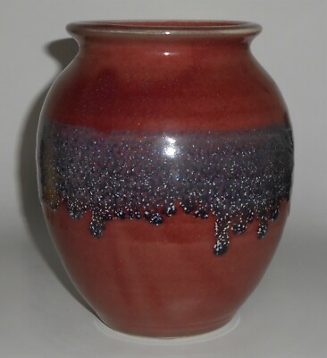 Bruning Studio Pottery Seattle Maroon w/Blue Drip Decoration Vase