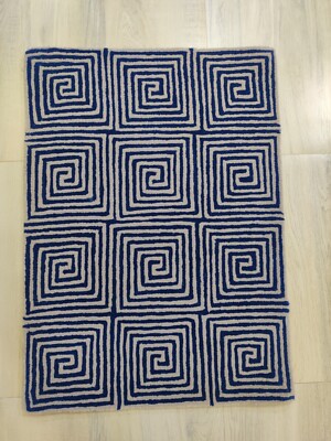 Geometrical Handmade Wool Rug for Kids Teens Blue Modern Tufted Puzzle 2 x 3 ft
