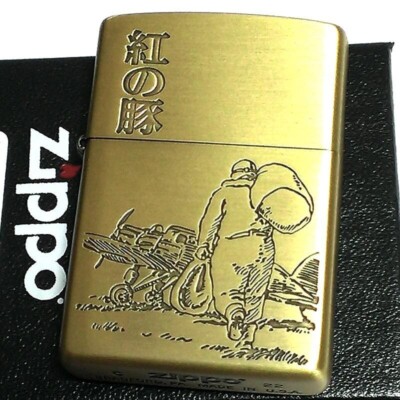 Ghibli Zippo Porco Rosso Gold Brass Etching Oil Lighter Regular Case [Neu]