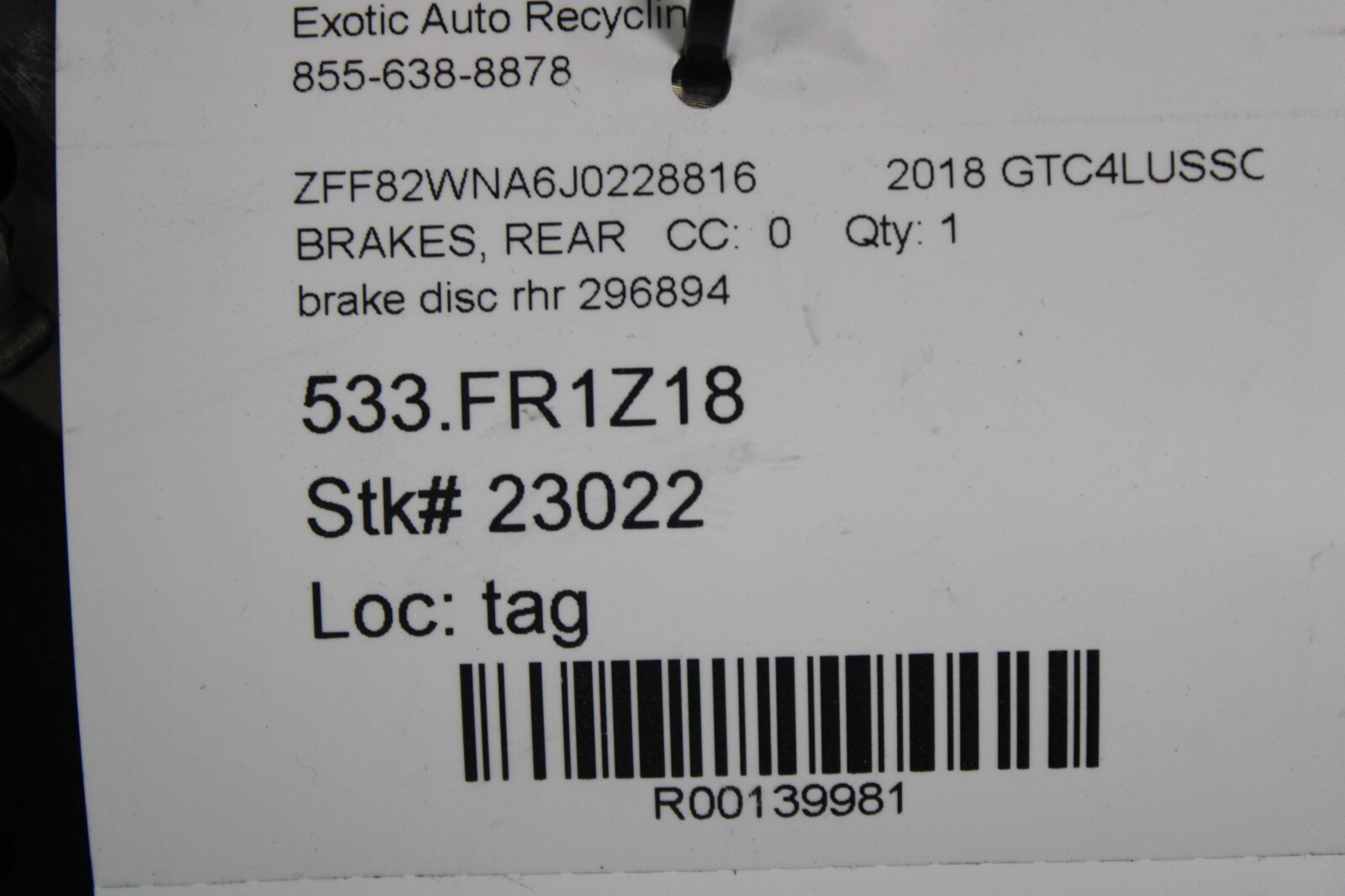 Ferrari GTC4 Lusso, FF, Rear CCM Brake Rotor, Used, P/N 274335 s/c 296894