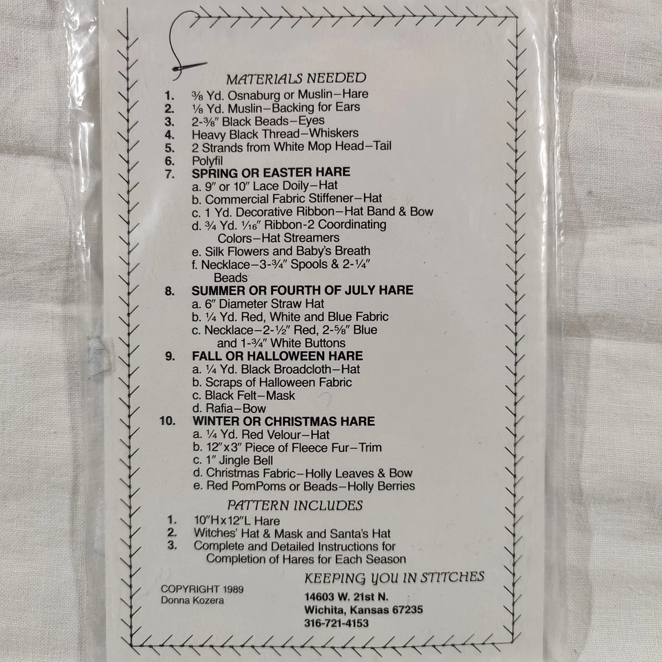 1989 Vtg A Hare For All Seasons Stuffed Holiday Rabbit Doll Sewing Pattern - Image 3 of 4